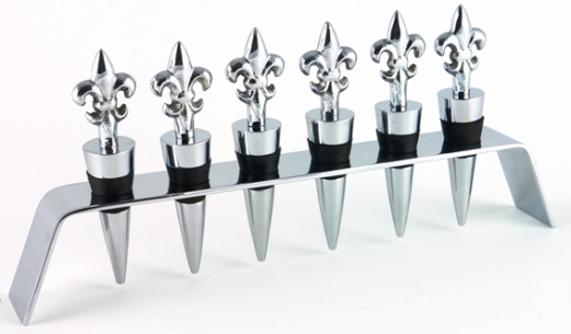 Chrome Fluer-De-Lis Bottle Stopper Set with Stand